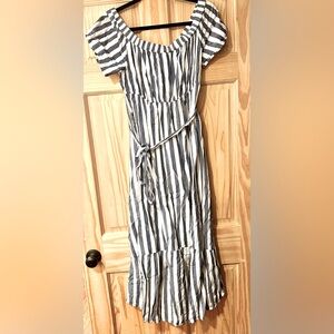 Large Isabel Maternity Blue and White Striped Off The Shoulder Maxi Dress